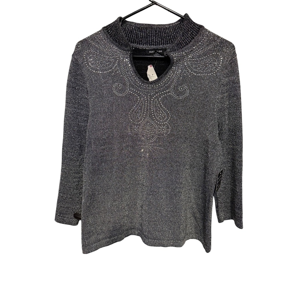 SELECT + TREND Women's Black Silver Knit‎ Sparkle Rhinestone Mock Neck Sweater L